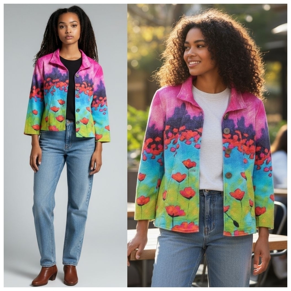 Simply Art by Dolcezza Dancing Poppies Swing Jacket Bright Floral Artsy Small